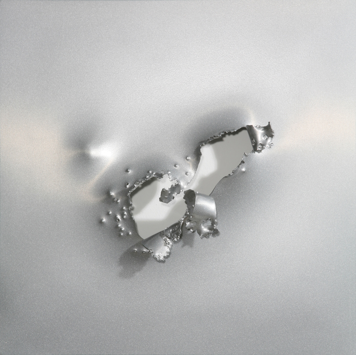 Saint Sebastian 3, 2010, gunshot powder-coated  stainless steel, 18x18 in